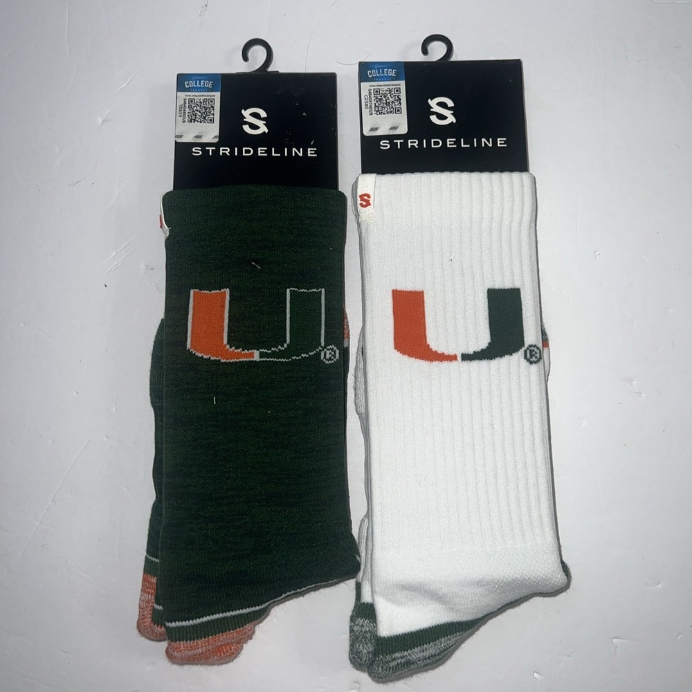 Miami Hurricanes Football NCAA Strideline Crew Gym Sweat Socks  M/L - NWT 2 Pair